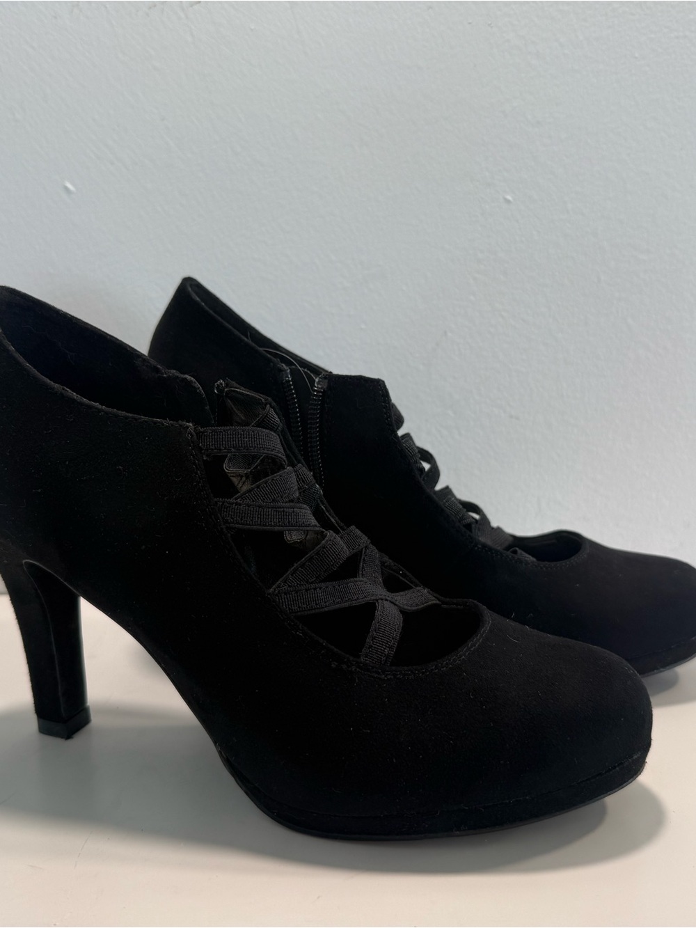 Black Suede High Heel Booties by Lauren Blackwell - size 7 1/2